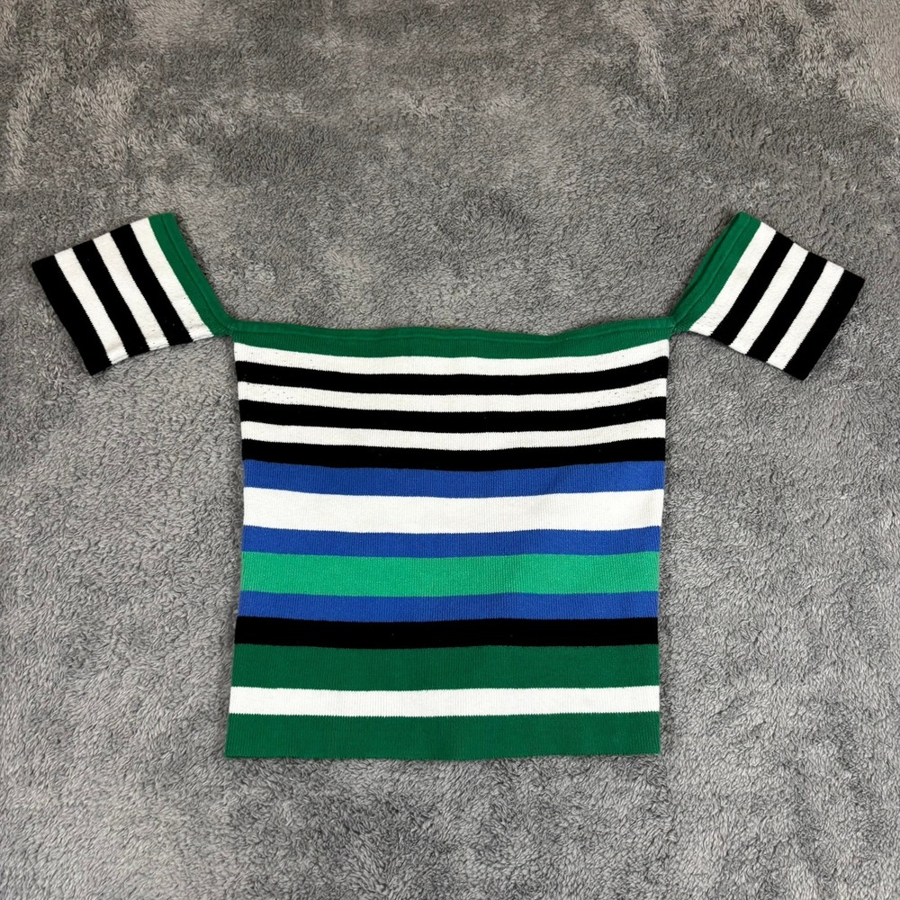 Express Womens Small Striped Off The Shoulder Knit Top Green Blue Black White